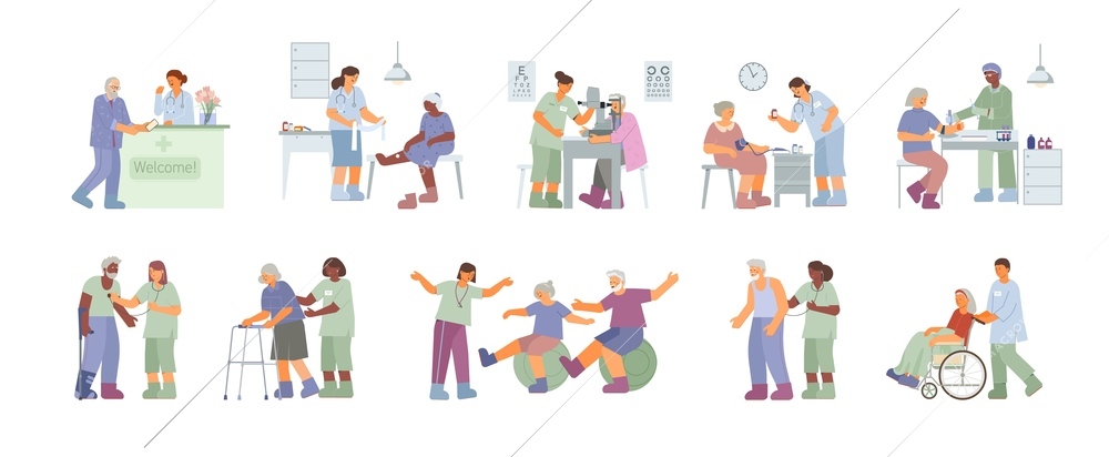 Flat set with senior people being examined and getting treatment at hospital isolated vector illustration