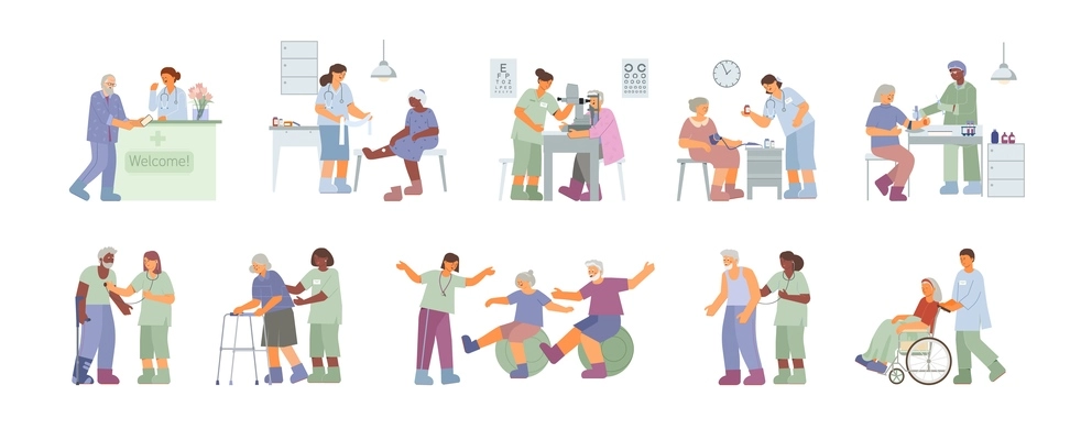 Flat set with senior people being examined and getting treatment at hospital isolated vector illustration