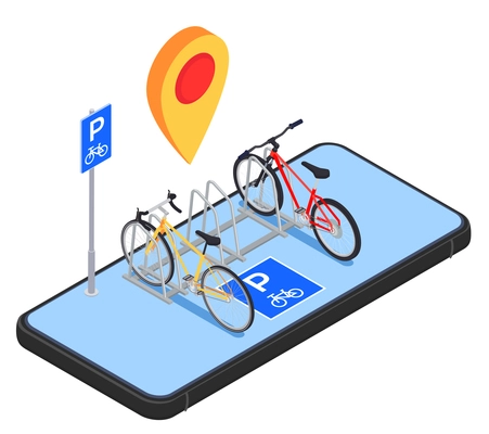 Bicycle isometric composition with location and parking signs with two parked bicycles on top of smartphone vector illustration