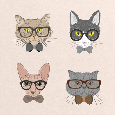 Collection of hipster cats with bows and glasses isolated vector illustration
