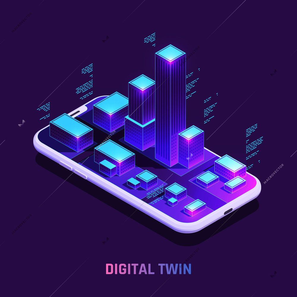 Digital twins technology in real estate smart building sensors data isometric composition on smartphone screen vector illustration