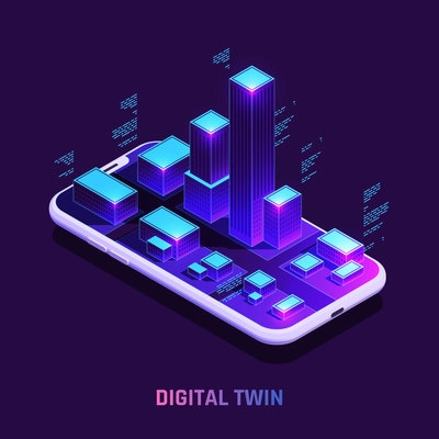 Digital twins technology in real estate smart building sensors data isometric composition on smartphone screen vector illustration