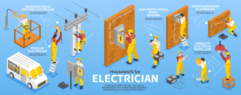 Electrician isometric infographic set with equipment and housework symbols vector illustration