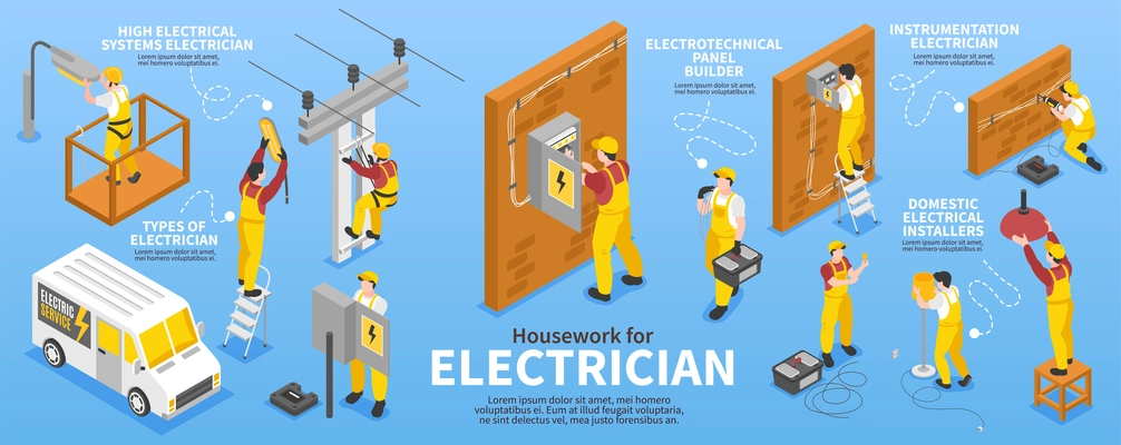 Electrician isometric infographic set with equipment and housework symbols vector illustration