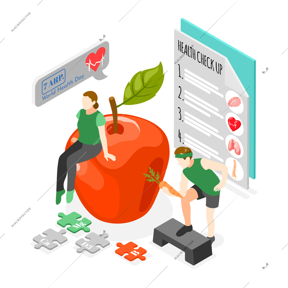 World health day composition with man doing sport woman sitting on red apple and checkup paper on white background isometric vector illustration