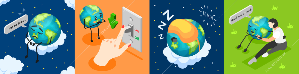 Isometric earth hour composition set with character of tired planet sleeping and thanking woman 3d isolated vector illustration