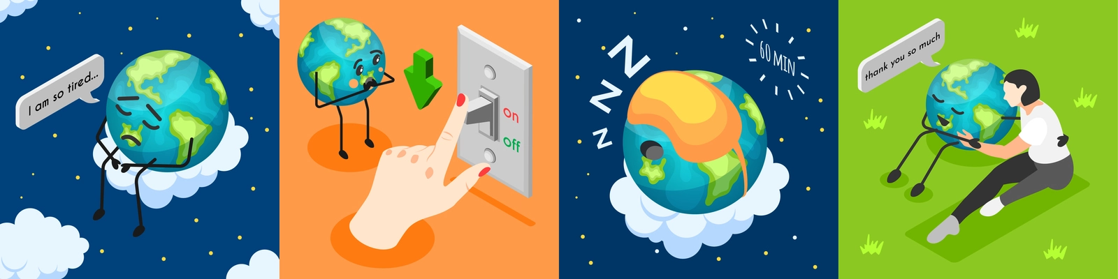 Isometric earth hour composition set with character of tired planet sleeping and thanking woman 3d isolated vector illustration