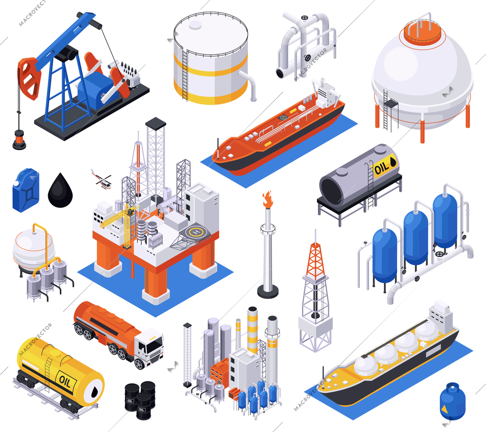 Oil petroleum industry isometric set of isolated icons with processing and storage facilities with cargo carriers vector illustration