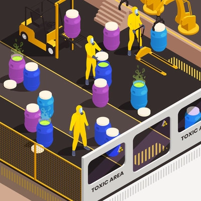 Toxic waste nuclear chemical pollution biohazard isometric colored composition with digging a pit to bury hazardous waste in the ground vector illustration