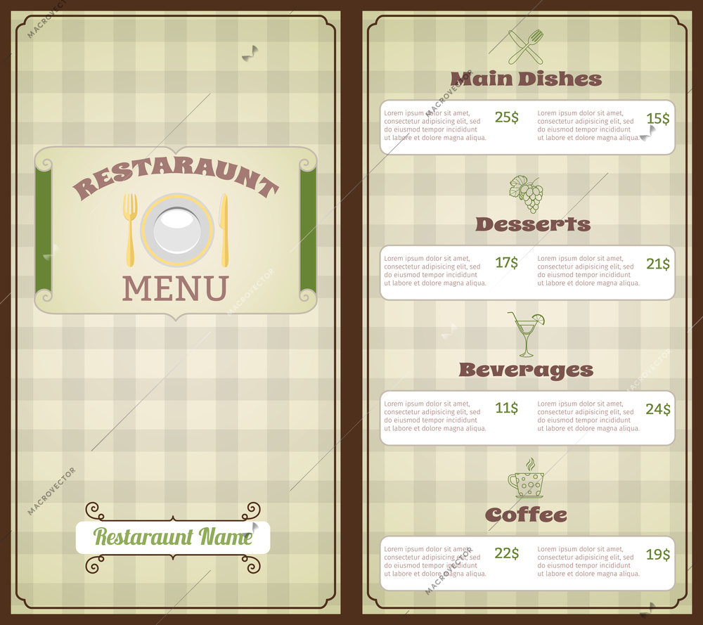 Restaurant menu list template with main dishes desserts beverages coffee vector illustration