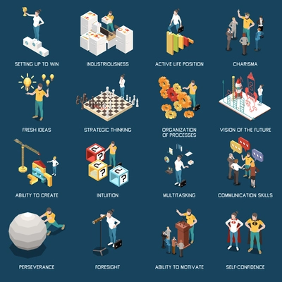 Entrepreneur isometric icons set with charisma symbols isolated vector illustration