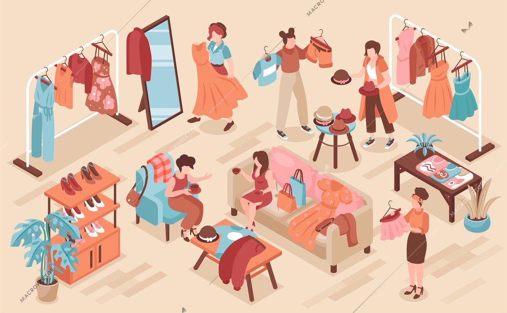 Swap party background with clothes and fashion symbols isometric vector illustration