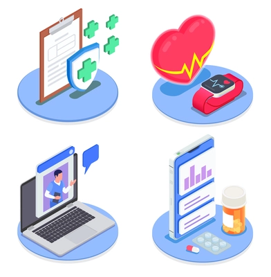 Isometric set of computer tablet smart watch and other attributes of healthcare vector illustration