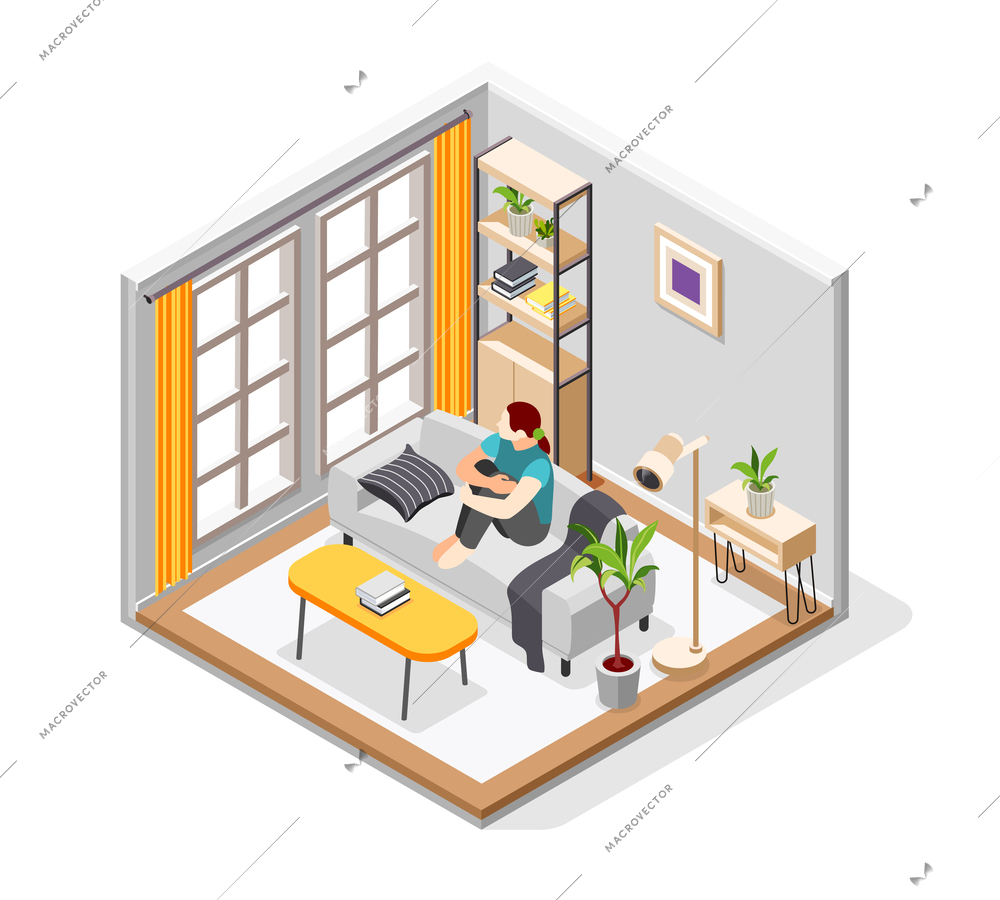 Loneliness isometric background with girl sitting on sofa in her room and looking in window vector illustration