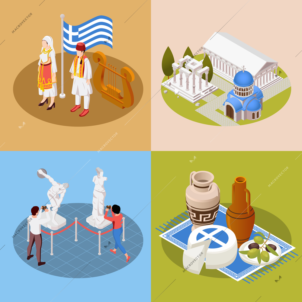 Greece culture landmarks touristic attractions 4 background isometric compositions national costume flag cuisine acropolis museum vector illustration