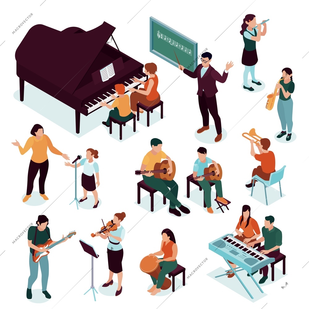 Music school conservatory professional musicians education isometric set with piano lesson flute violin practice background vector illustration