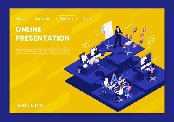 Presentation and conference page design with online meeting symbols isometric vector illustration