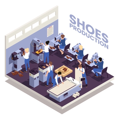 Shoes production design with footwear equipment symbols isometric vector illustration