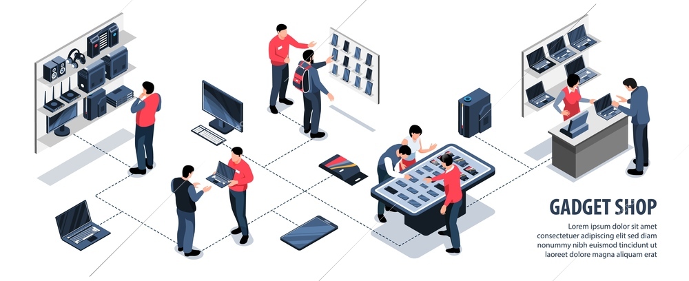 Isometric gadget shop infographics with flowchart of electronic devices on shelves with people and editable text vector illustration