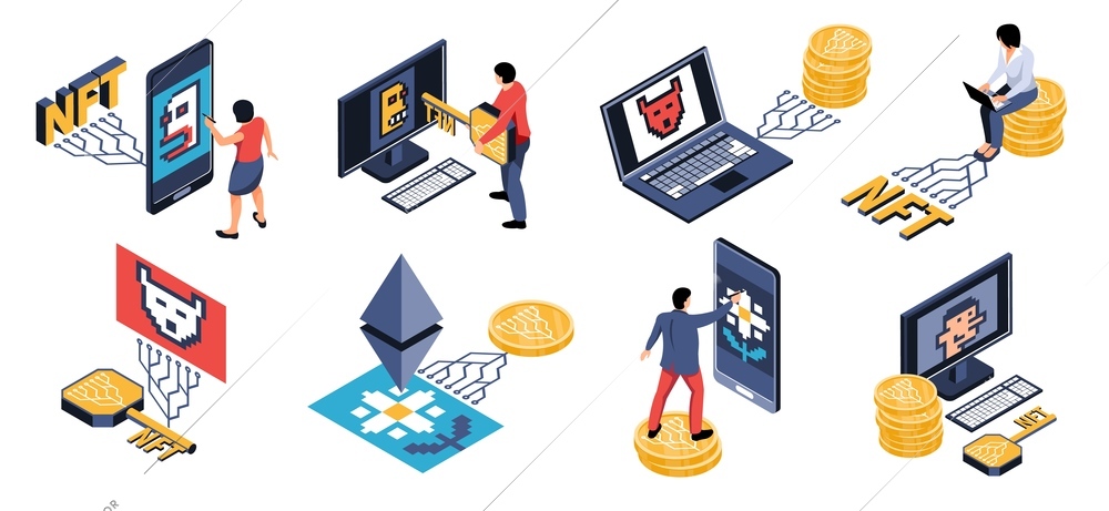 Isometric nft compositions set with human characters selling and buying cultural values with crypto money coins vector illustration