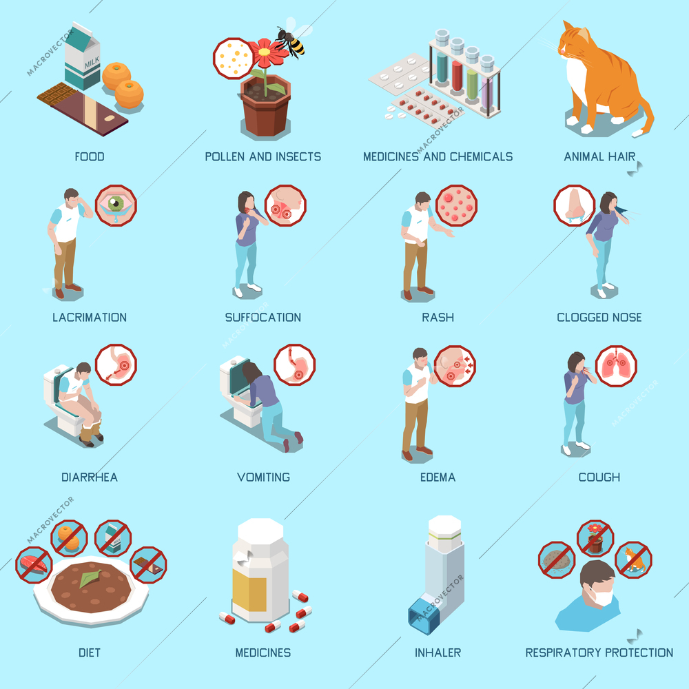 Allergy types symptoms causes treatments food pollen animals cough rush isometric infographic set inhaler medication vector illustration