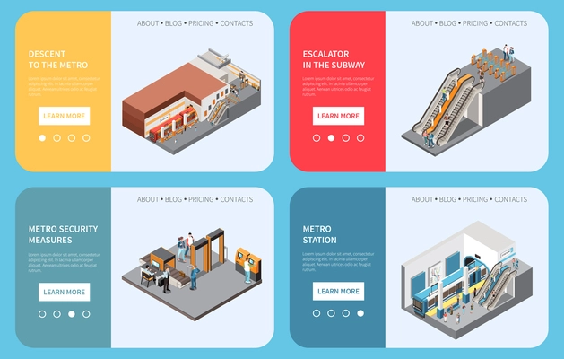 Subway underground metro stations 4 isometric webpages with passengers ascending descending station platform security gates vector illustration