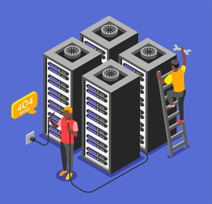 Error isometric background technicians are trying to fix the network in the server room vector illustration