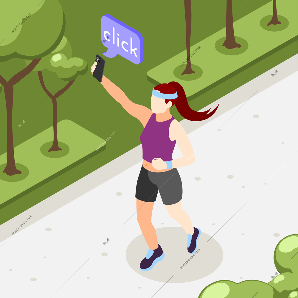 Selfie day colored isometric background girl on a jog in the park taking selfies vector illustration