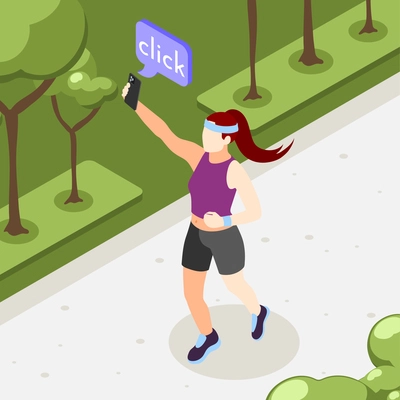 Selfie day colored isometric background girl on a jog in the park taking selfies vector illustration