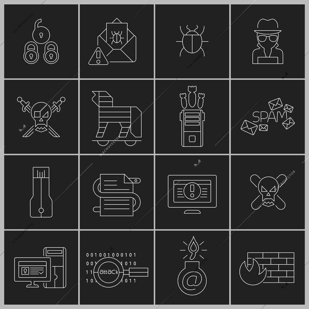 Hacker web security icons outline set with cyber crime elements isolated vector illustration