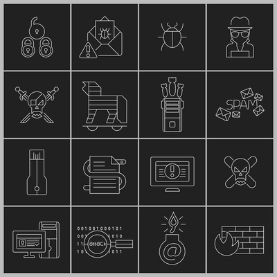 Hacker web security icons outline set with cyber crime elements isolated vector illustration