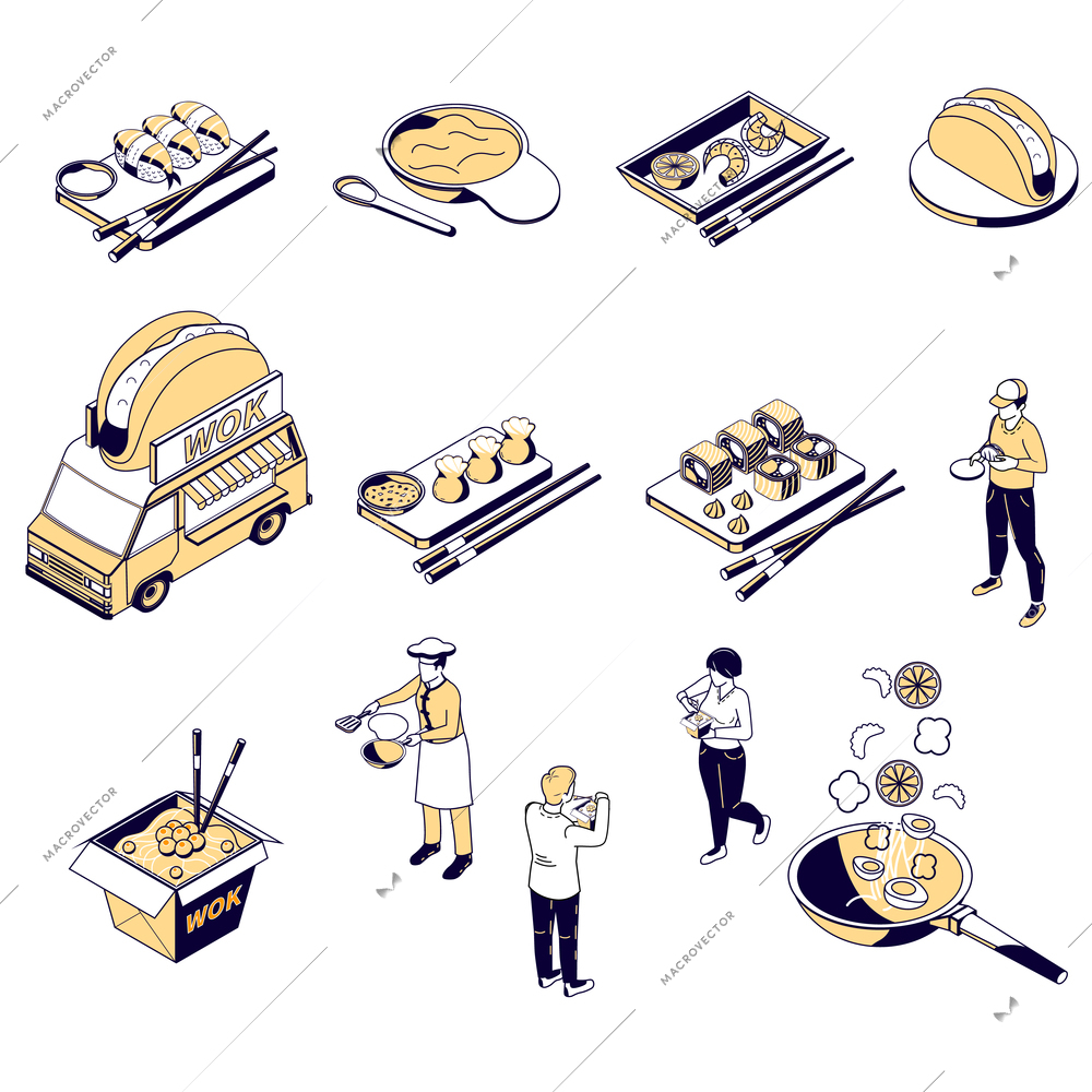 Asian food menu isometric icons set of sushi noodles shrimp gedza bao sashimi rolls wok isolated vector illustration