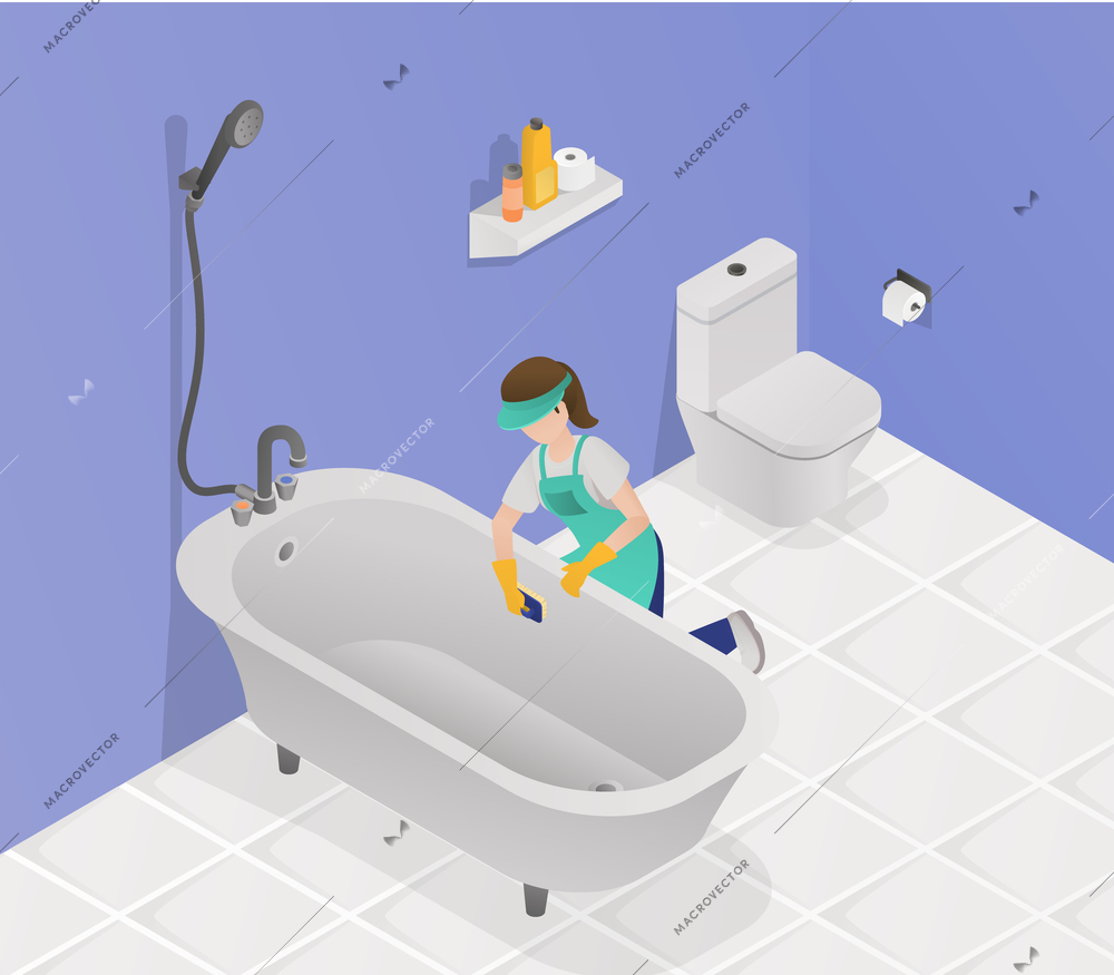 Professional cleaning service colored isometric composition female cleaner cleans the bathroom fixtures in a client s home vector illustration