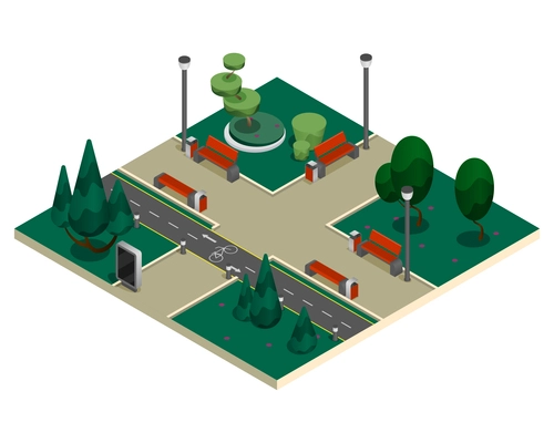 City constructor elements isometric composition with park area with pedestrian paths and benches for recreation vector illustration