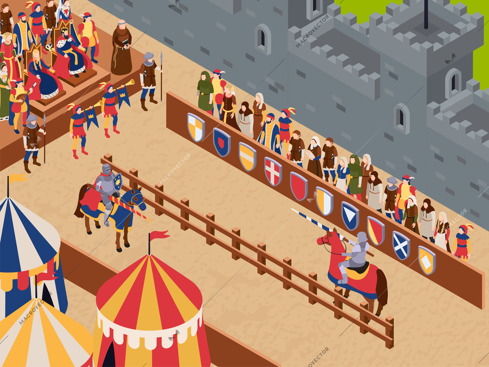 Medieval characters isometric composition with knight torunament symbols vector illustraion