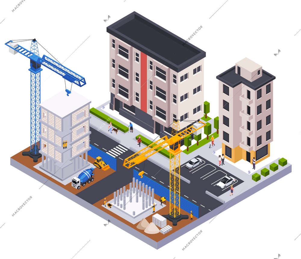 Construction isometric concept with building industry symbols vector illustration
