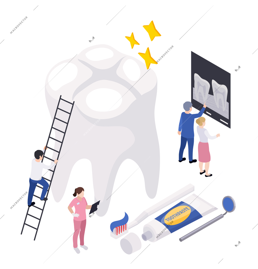 Stomatology and dentistry concept with dental care symbols isometric vector illustration