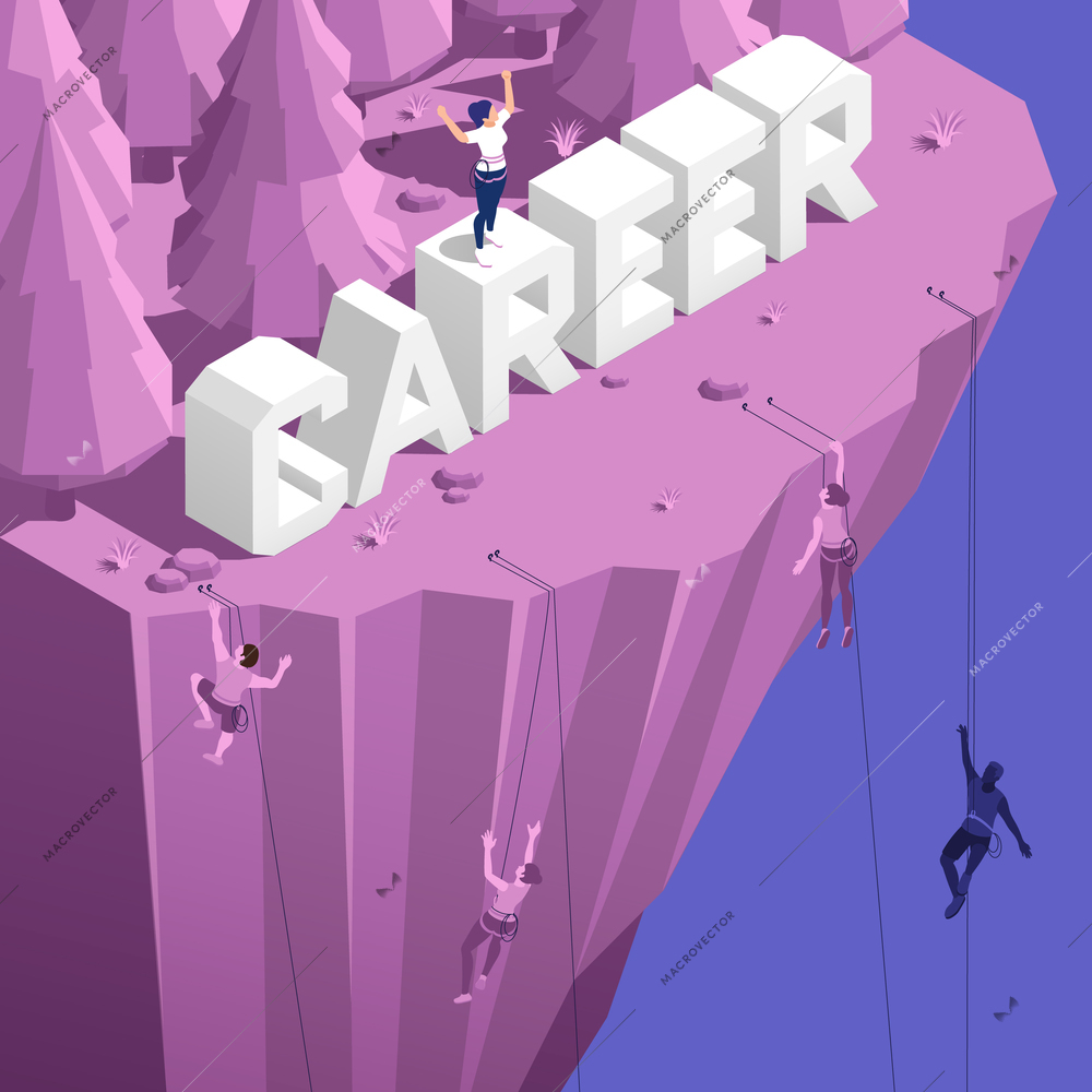 Mountain climbing attitude dedication perseverance as successful career metaphor isometric composition with storming steep slope climbers vector illustration