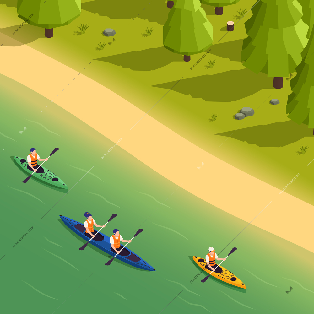 Outdoor recreational canoeing kayaking rafting activity isometric compositing with paddling down river enjoying nature tourists vector illustration