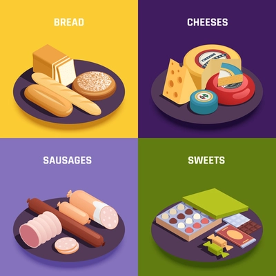 Food industry production 4 isometric background compositions with bread bakery products cheese sausages sweets grocery vector illustration