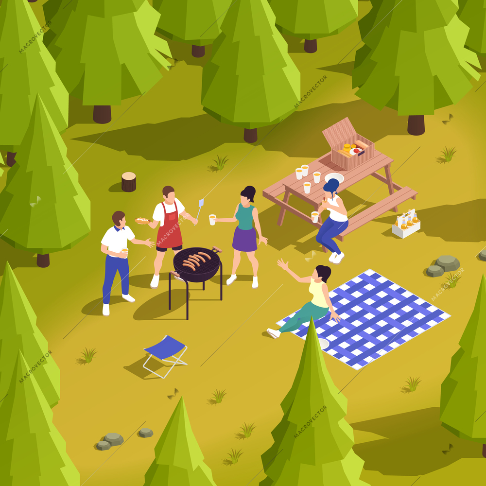 Family friends enjoying countryside picnic  grilling meat barbecuing with drinks food basket gingham tablecloth isometric vector illustration