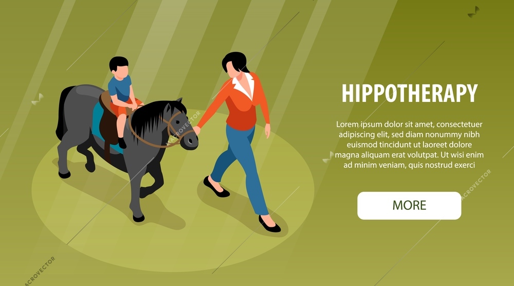 Hippotherapy horizontal banner with little boy sitting in saddle on pony and woman holding horse by bridle isometric vector illustration