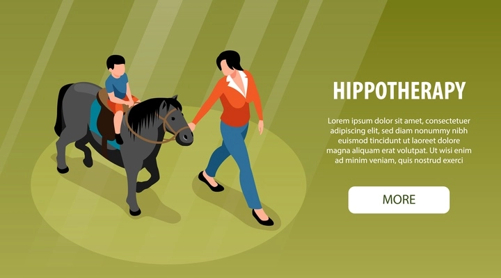 Hippotherapy horizontal banner with little boy sitting in saddle on pony and woman holding horse by bridle isometric vector illustration