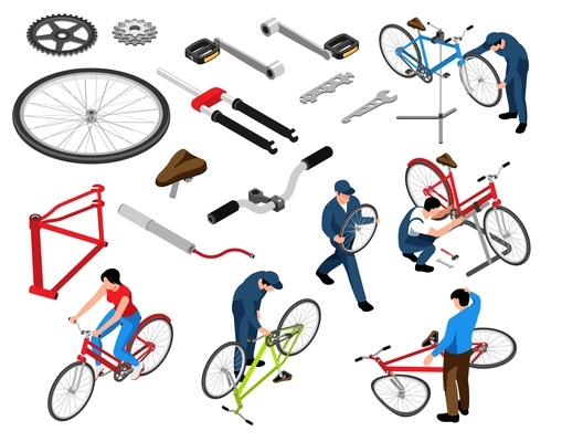 Bicycle repair isometric set of treadle saddle handlebar wheel gear hand  pump chassis bike parts isolated vector illustration