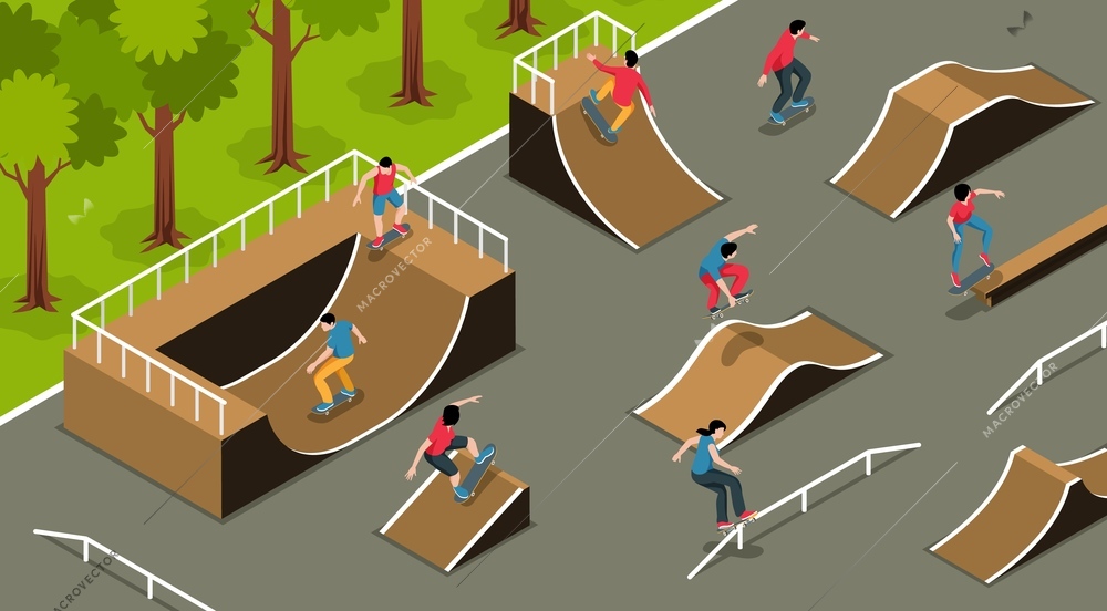 Urban playground for extreme sport isometric background with skate park ramps and teens rollerblading and skateboarding  vector illustration