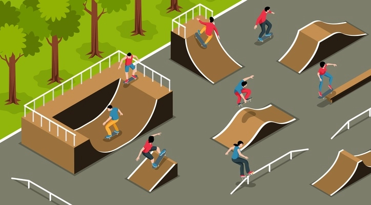 Urban playground for extreme sport isometric background with skate park ramps and teens rollerblading and skateboarding  vector illustration