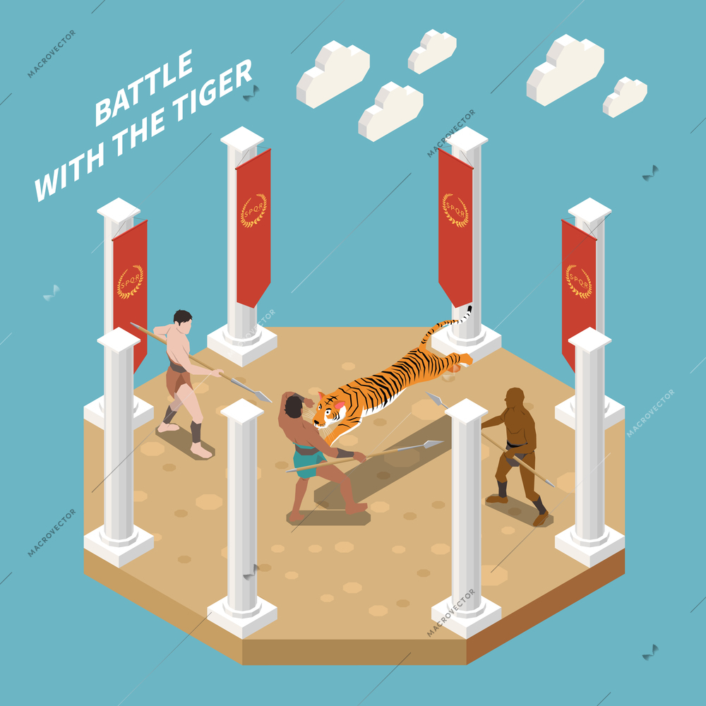 Roman gladiators battle isometric composition demonstrated three characters fighting with tiger vector illustration