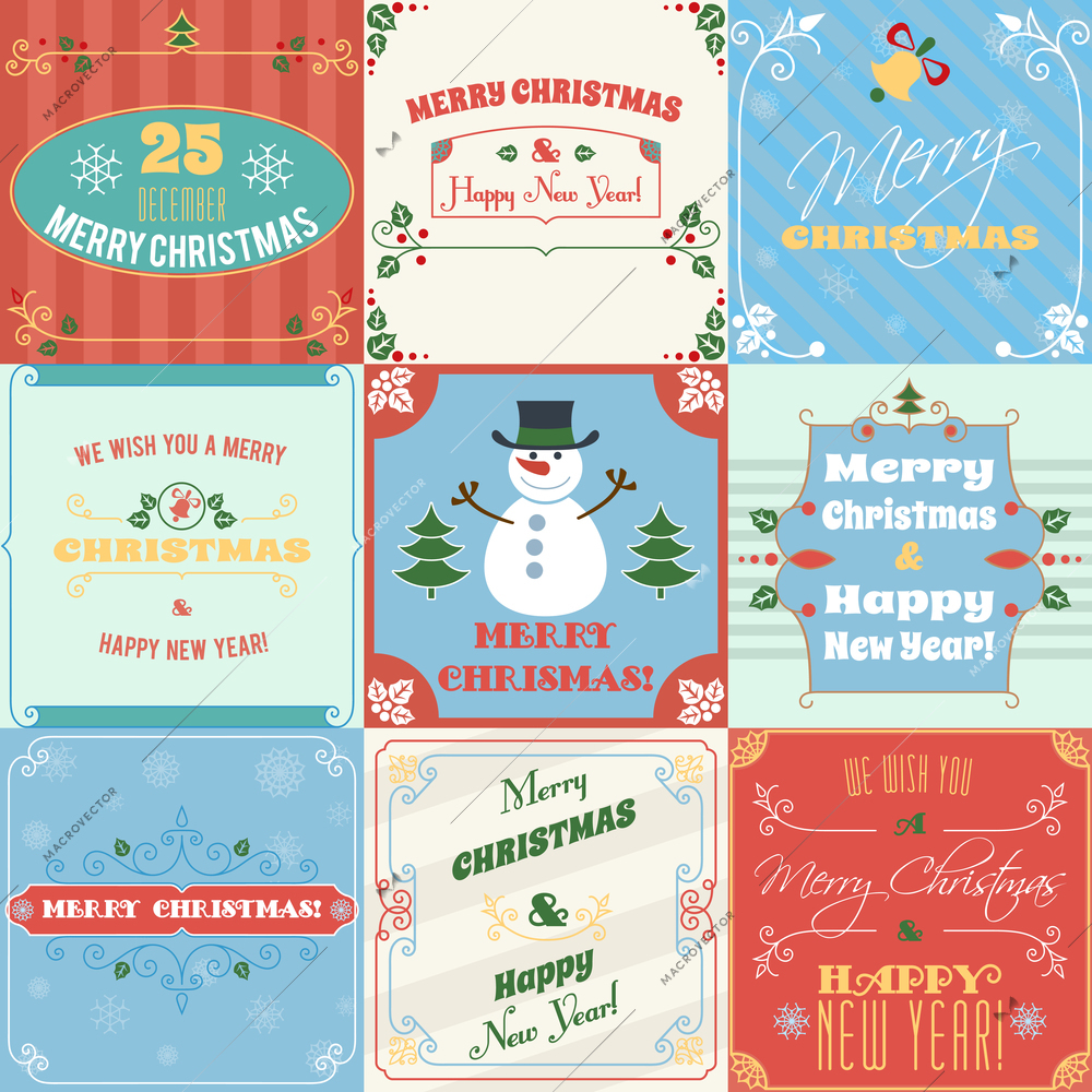 Merry christmas and happy new year holiday decoration greetings cards set isolated vector illustration