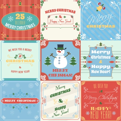 Merry christmas and happy new year holiday decoration greetings cards set isolated vector illustration