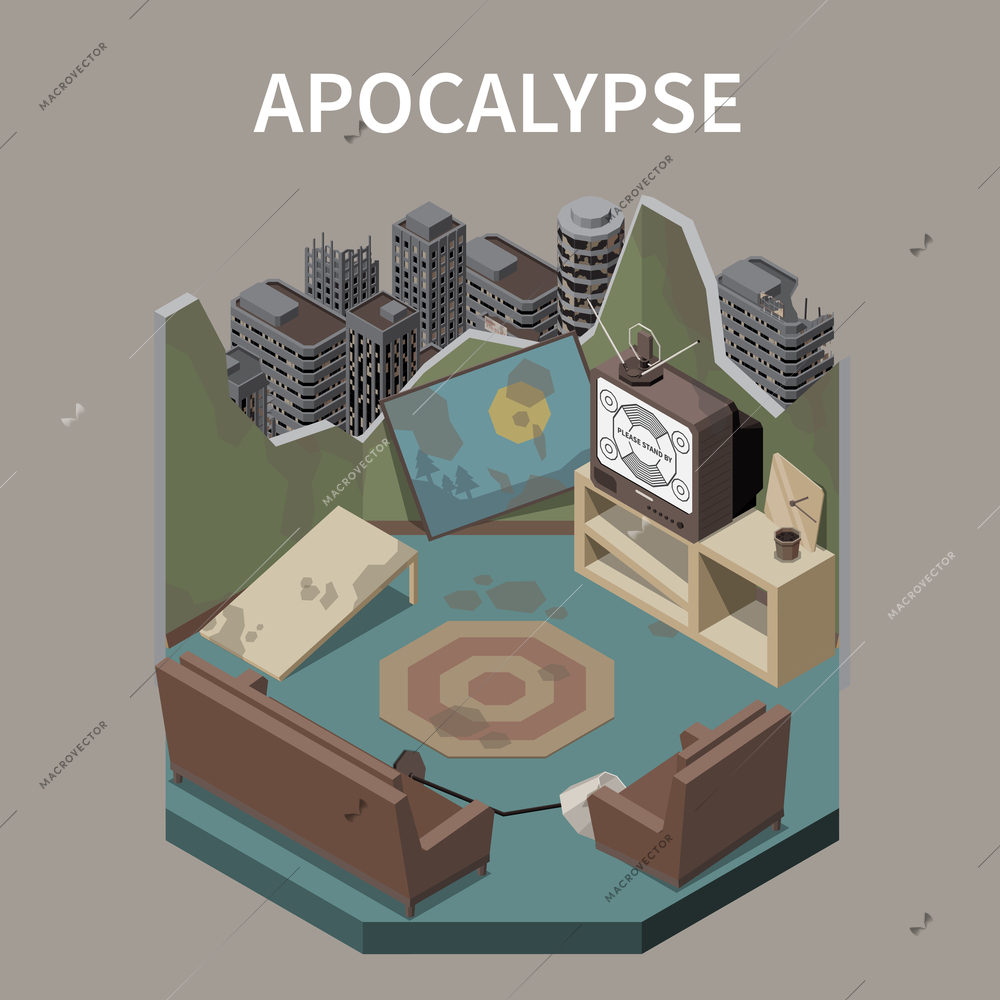 Apocalypse abstract design concept illustrated derelict room in destroyed building at city ruins background isometric vector illustration